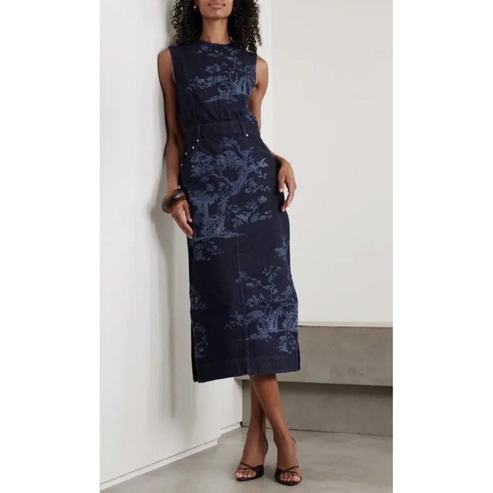 Erdem Laser-Printed Tree Motif Cotton Denim Pencil Midi Dress Sleeveles Size 16